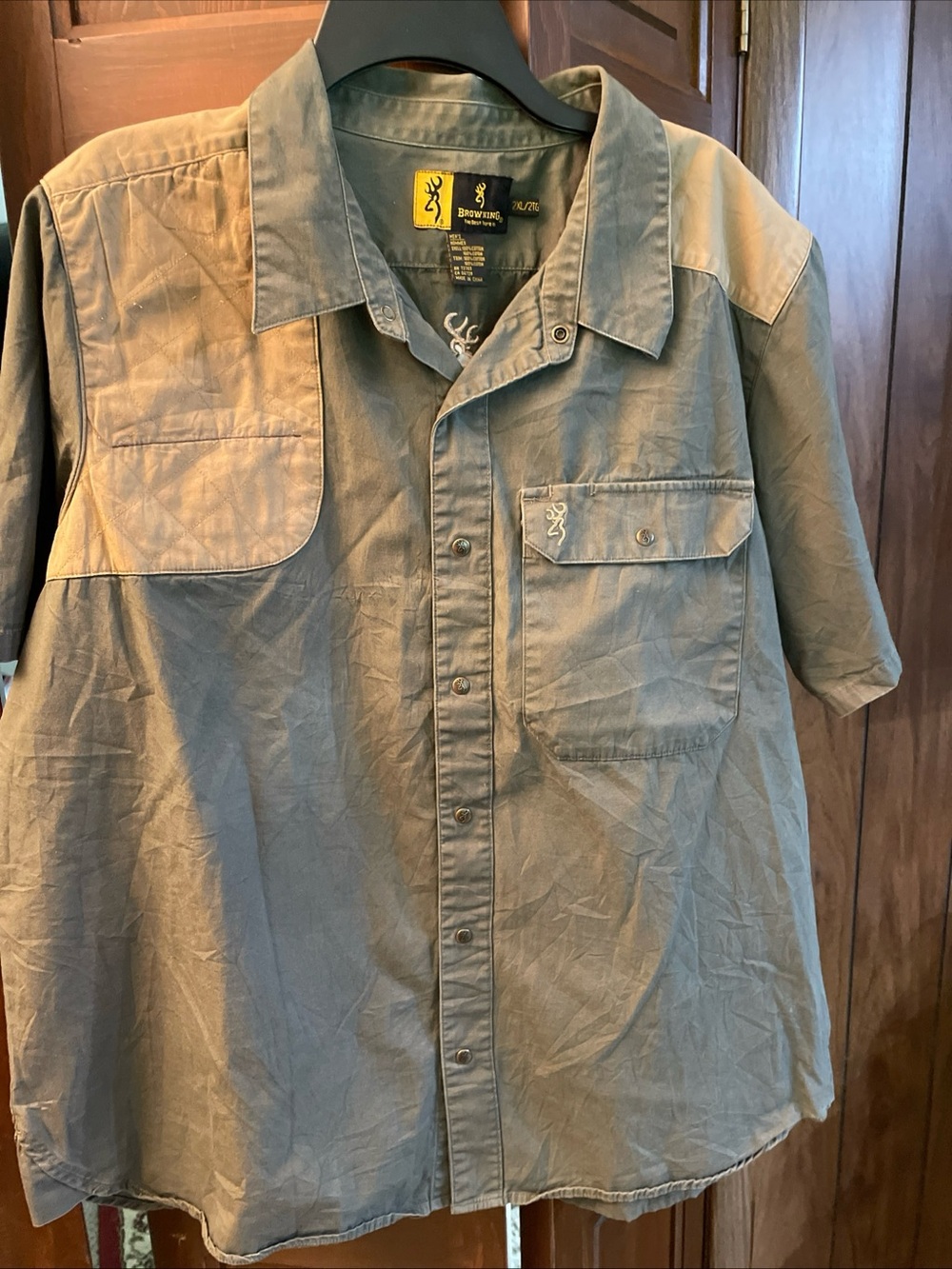Browning Button Up Shirt Mens 2XL oliveGreen Short Sleeve Hunting Outdoor Cotton